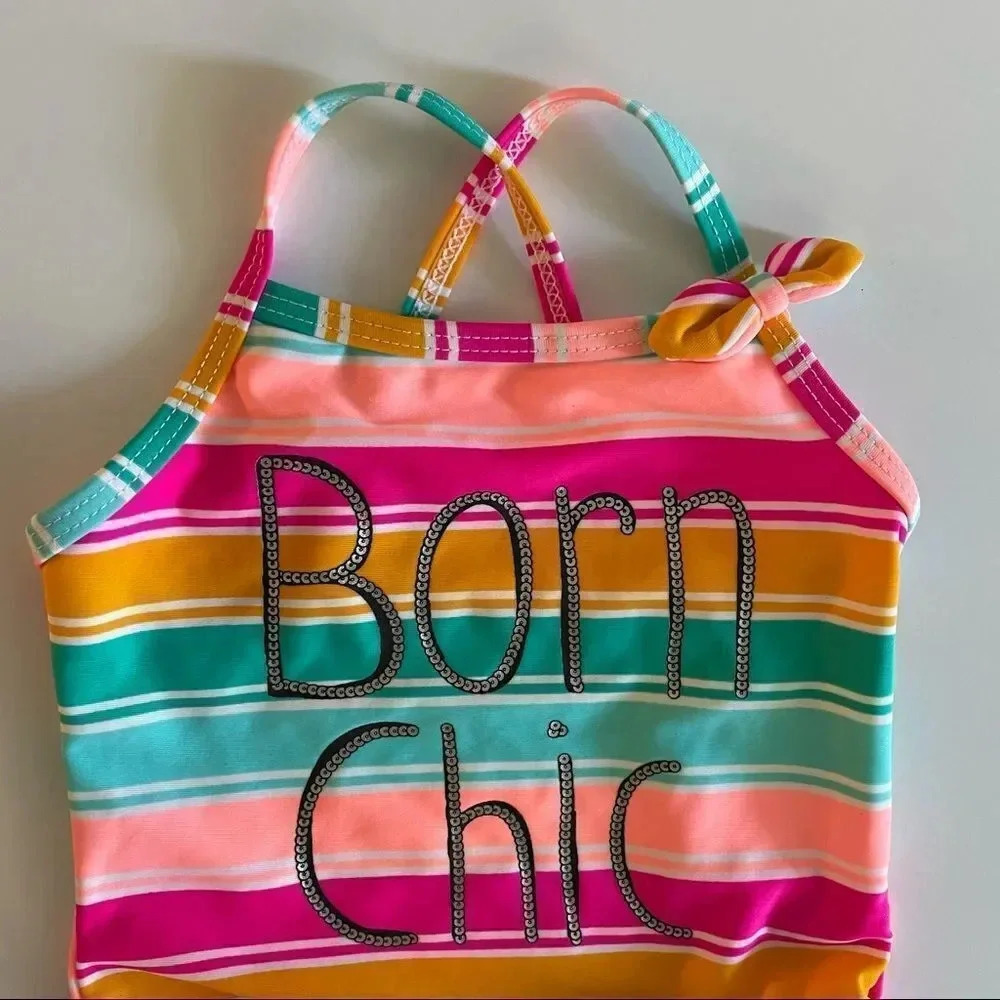 Koala Kids multi color bathing suit w/ “Born Chic” wording - Picture 5 of 10
